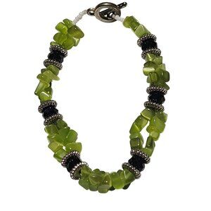 Green Gemstone Beaded Bracelet Black Accents Silver Spacers Toggle Clasp Jewelry